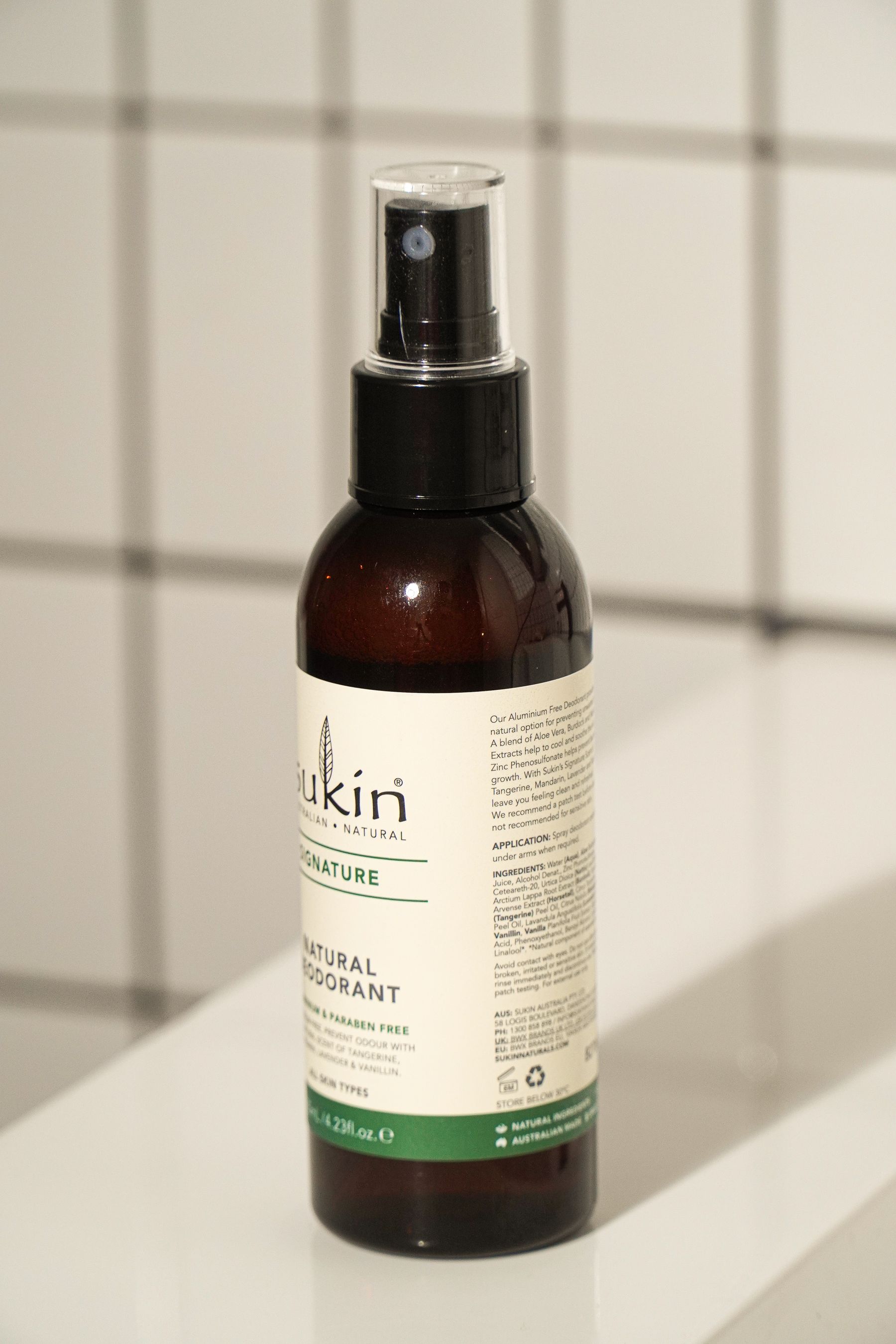 Sukin deodorant bottle showing front and side label information